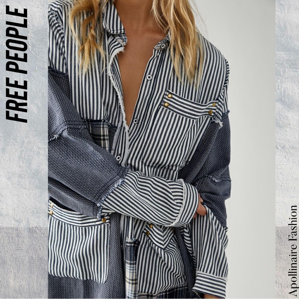 Free People Patchwork Button Down Shirt - Navy An… - image 2